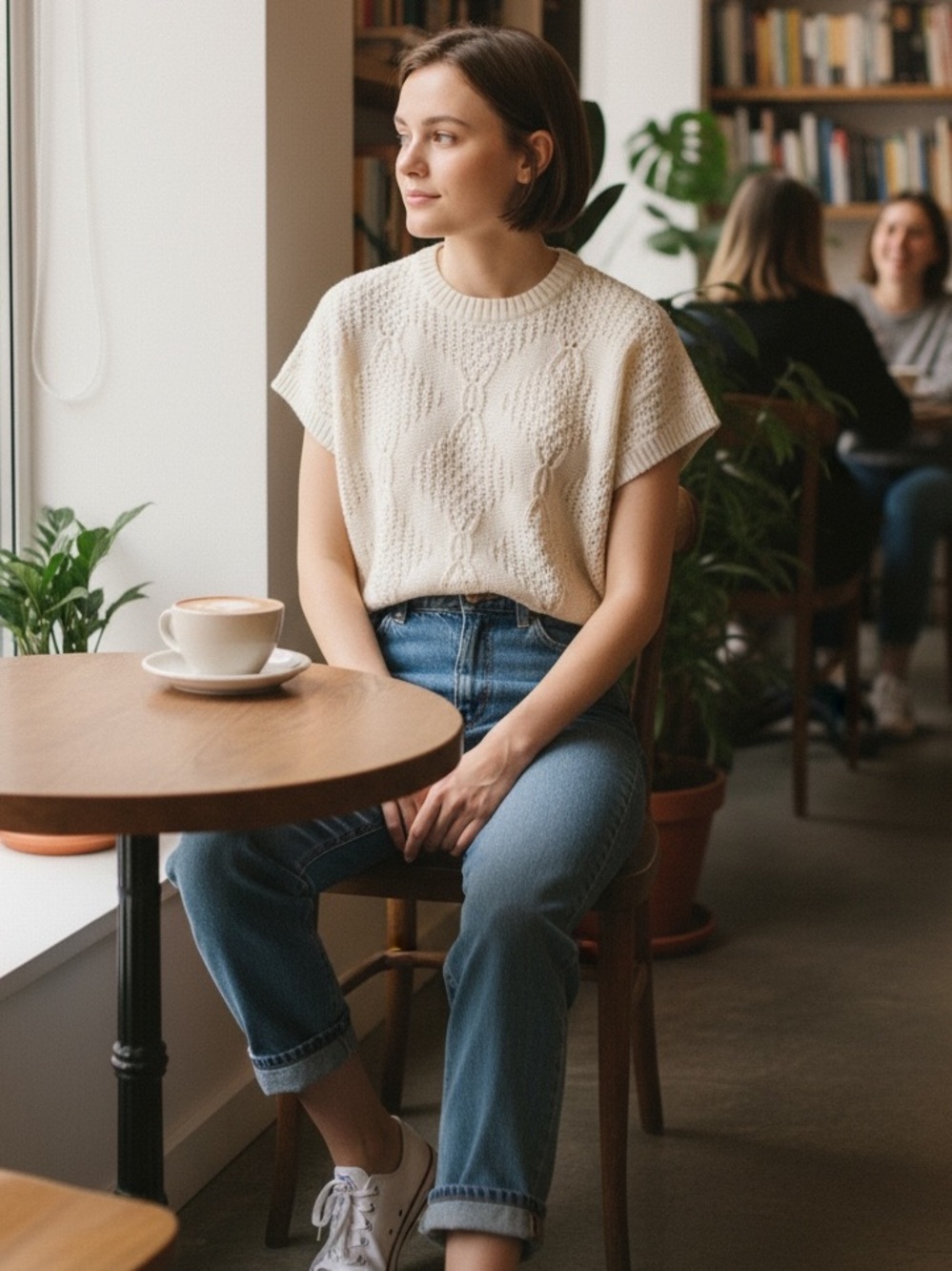 Women's Cream Cable-Knit Crewneck Sweater